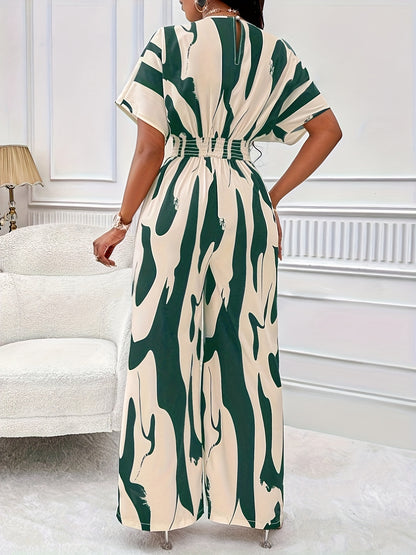 Chic V-Neck Jumpsuit - Allover Print, Short Sleeve, Wide-Leg Design for Sophisticated Casual Wear