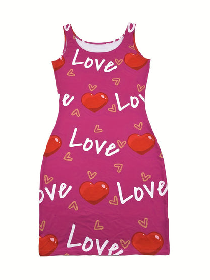 Heart & Letter Print Tank Dress, Casual Sleeveless U Neck Slim Dress, Women's Clothing