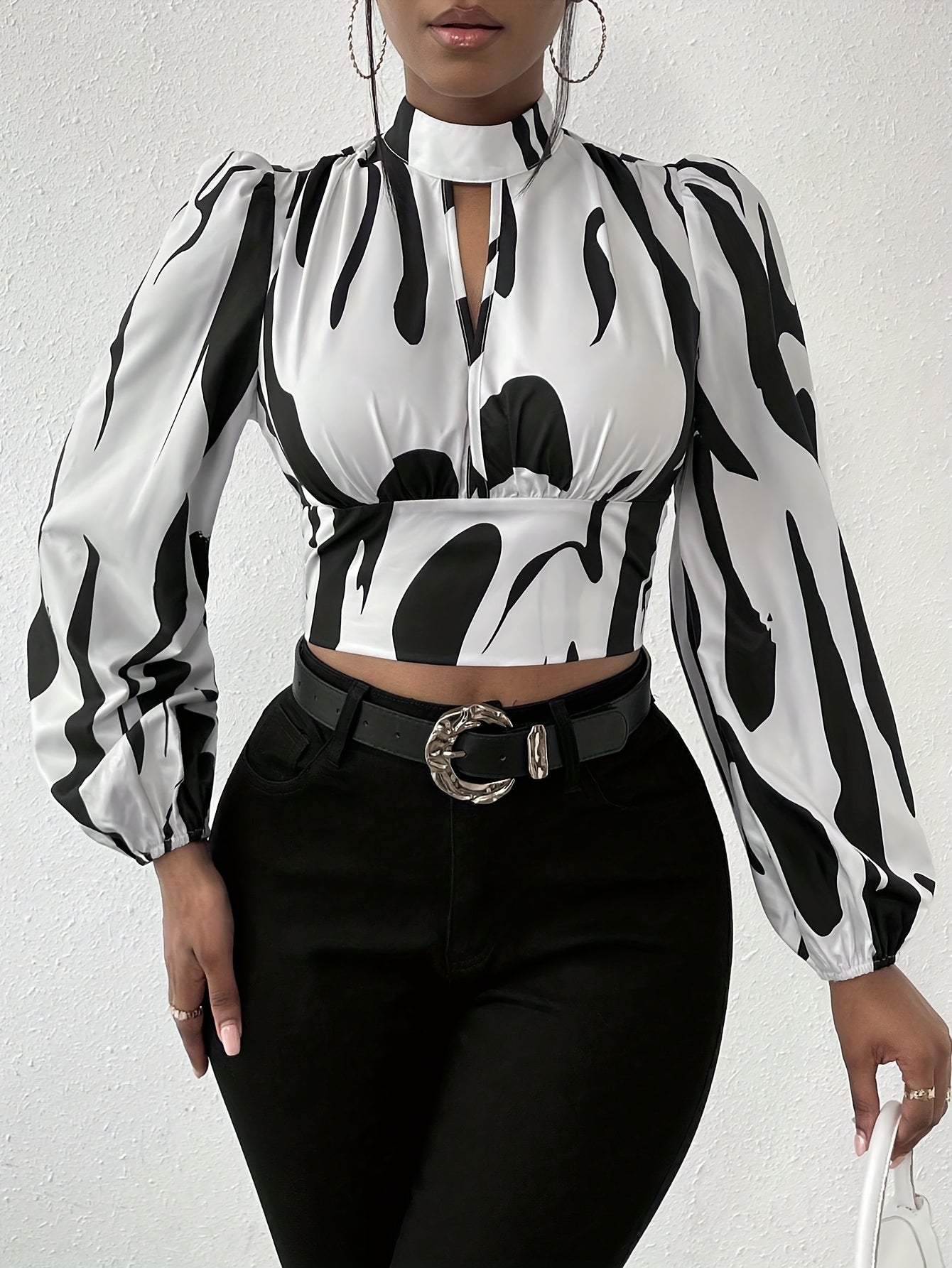 Graphic Print Mock Neck Crop Blouse, Elegant Long Sleeve Cut Out Shirred Blouse, Women's Clothing