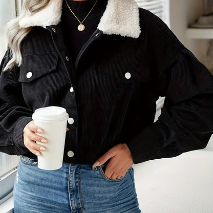 Button Front Fuzzy Lapel Jacket, Casual Long Sleeve Crop Jacket For Fall & Winter, Women's Clothing
