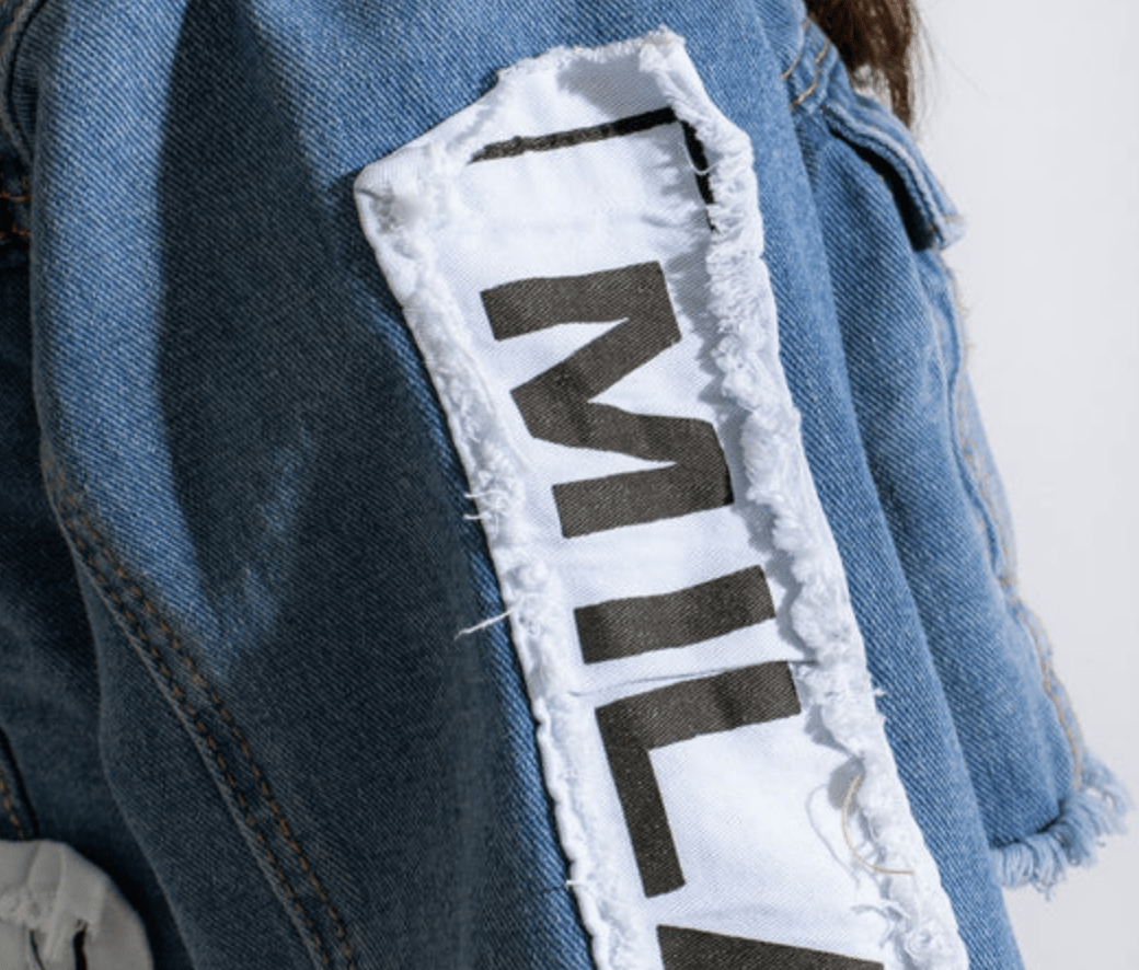 Blue Letter Print Cropped Denim Jackets, Long Sleeves Raw Hem Personality Lapel Denim Coats, Women's Denim Clothing
