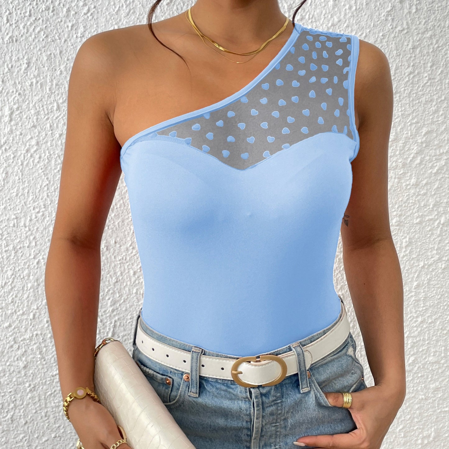 One Shoulder Heart Print Mesh Top, Sexy Sleeveless Asymmetrical Top, Women's Clothing
