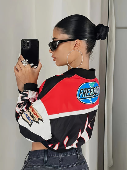Trendy Letter Print Zipper Drop Shoulder Crop Jacket - Comfortable Long Sleeve Casual Wear for Spring & Fall - Womens Fashion Essential
