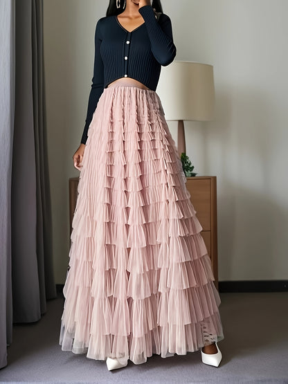 Multilayer Ruffles Tulle Skirt, Casual Fluffy Skirt For Spring & Summer, Women's Clothing