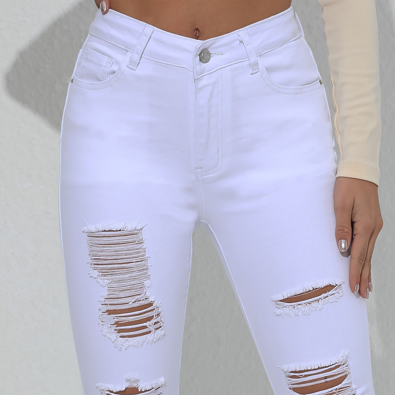 Ripped Skinny Fit Plain White Color Versatile Jeans Denim Pants, Women's Denim Jeans & Clothing