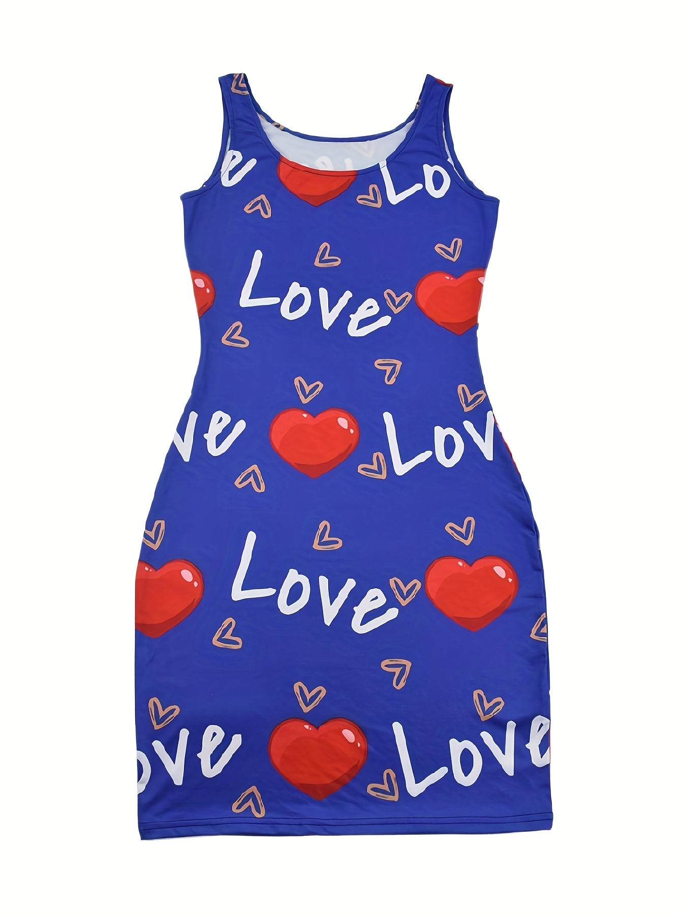 Heart & Letter Print Tank Dress, Casual Sleeveless U Neck Slim Dress, Women's Clothing