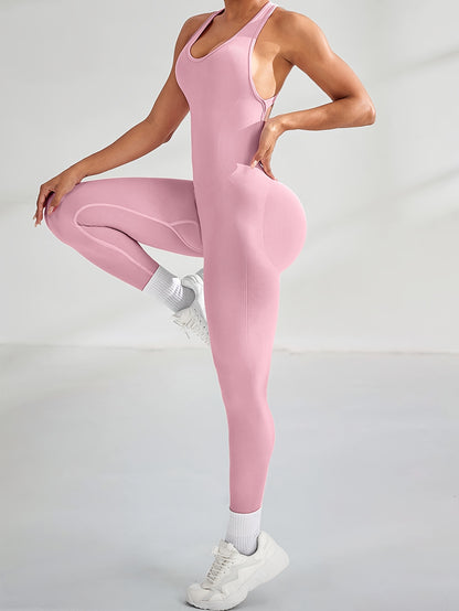Women's High-Waisted Stretchy Yoga Jumpsuit - Smooth Knit Fabric, Solid Color, Long Sleeve, Round Neck, Machine Washable, Perfect for Sports & Fitness