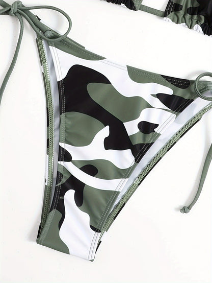 Women'S Camo Print Bikini Set with Lace-Up Detail - Stretchy Medium Fabric, Green & White Pattern, Strapless Swimsuit for Beach or Pool, Beach Swimsuit|Camouflage Swimsuit|Stretchy Fabric