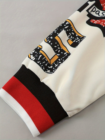 Letter & Graphic Print Snap Button Bomber Jacket, Casual Long Sleeve Baseball Jacket For Spring & Fall, Women's Clothing