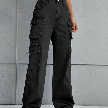 Plain Flap Pockets Cargo Pants, Loose Fit Non-Stretch Y2K & Kpop Style Straight Jeans, Women's Denim Jeans & Clothing