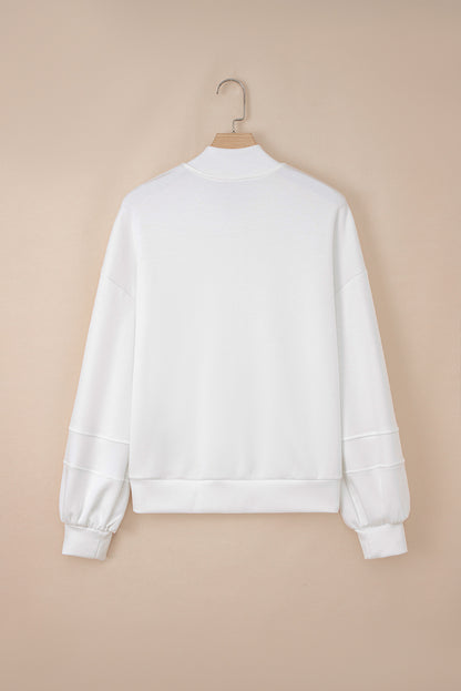 White Solid Color Zip Up Knit Puff Sleeve Jacket