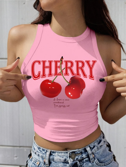 Vibrant Cherry Print Crew Neck Tank Top - Elegant Geometric Pattern, Mid Elasticity, Semi-Sheer, Polyester Knit Fabric, Perfect for Spring & Summer, Womens Casual Sleeveless Crop Top for Everyday Wear