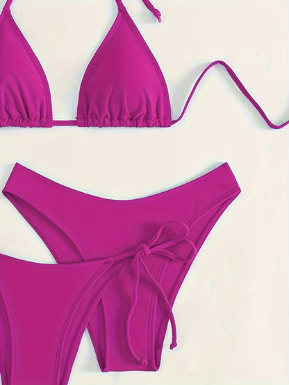 Solid Color 3 piece Set Bikini, Halter Neck Backless Swimsuits, Women's Swimwear & Clothing