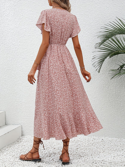 Women's Spring & Summer Dress - Elegant Floral Print, Surplice Neck with Tie, Casual Flutter Sleeves & Ruffle Hem, Perfect for Every Day & Special Occasions