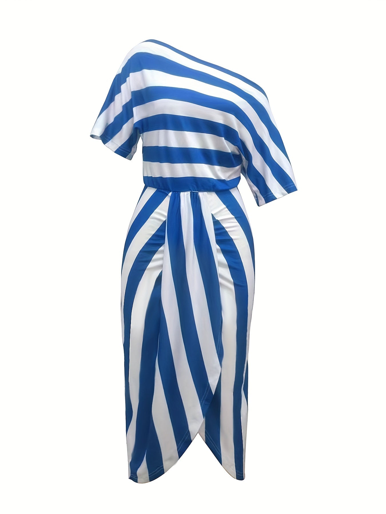Sexy Fitted Striped One Shoulder Split Summer Dress - Elegant Asymmetrical Neck, Mid Elasticity Polyester, Random Printing, Knit Fabric - Perfect for Adult Women