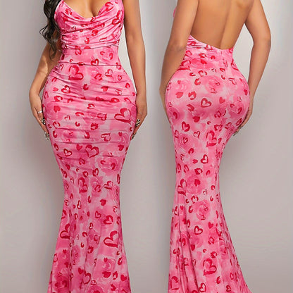 Fashion Halter Neck Valentine'S Day Pink Dress with Full Print of Love Flowers, Sleeveless, Slim Fit, Backpack-Revealed Hip Fishtail Long Dress, Evening Dress, Floor-Length Skirt