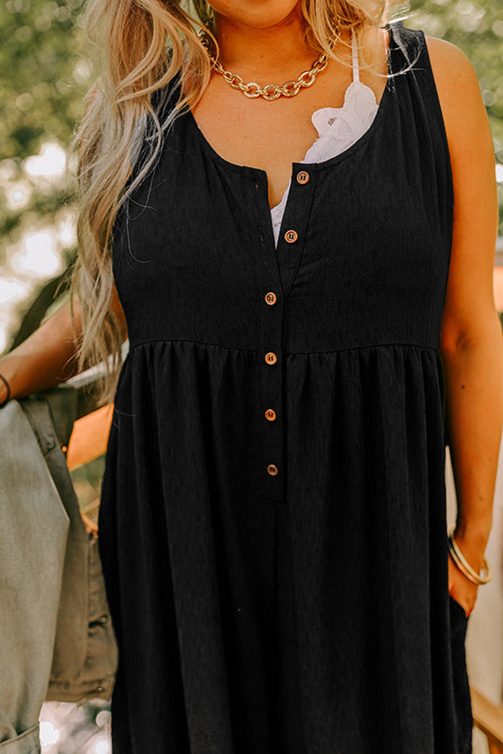 Black Plus Size Sleeveless Button Front Loose Jumpsuit