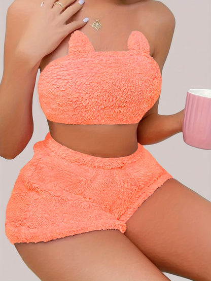 Sexy Solid Plush Lounge Set, Tube Crop Top & Elastic Shorts, Women's Loungewear for fall & winter