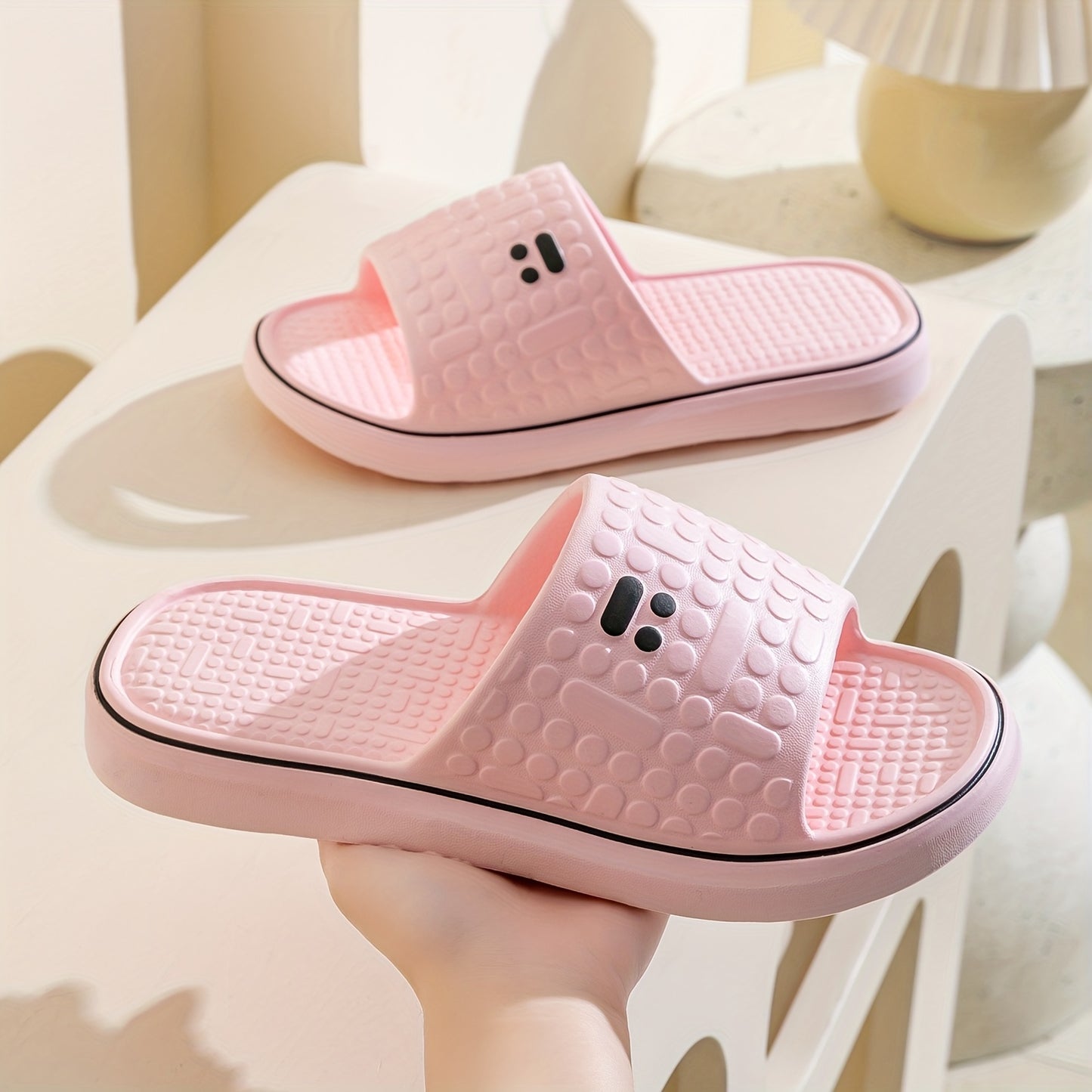 [Soft Slides] Soft Pink Women's Summer Slides | Non-Slip High-Density Geometric Pattern, Machine Washable, Comfortable Home Shoes for Relaxation, Ladies Slippers, Thick Sole Indoor Slippers, EVA