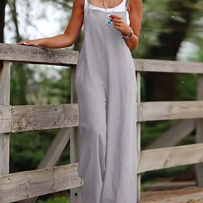 Solid Spaghetti Wide Leg Jumpsuit, Casual Sleeveless Versatile Jumpsuit, Women's Clothing