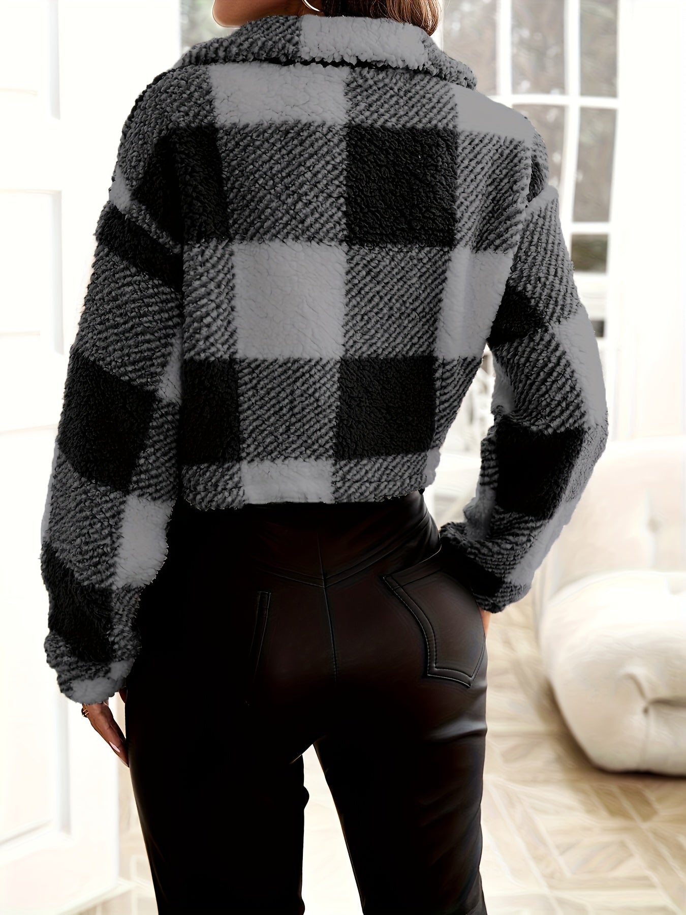 Plaid Pattern Teddy Jacket, Casual Zip Up Long Sleeve Outerwear, Women's Clothing