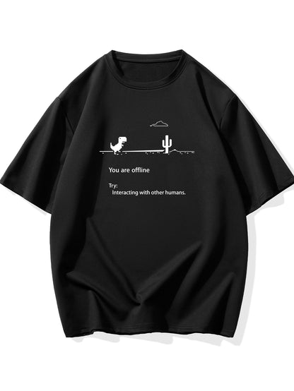 Men's Plus Size 'You are offline...' Print Stretch T-shirt, Oversized Short Sleeve Tops For Spring Summer, Causal Loose Clothing For Big And Tall Guys