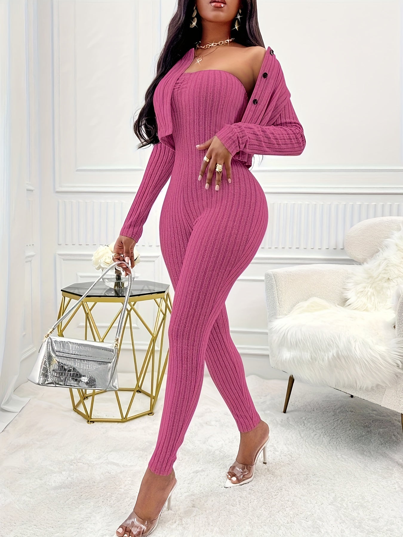 Two-Piece Ribbed Outfit Set - Long Sleeve Button Front Crop Cardigan & Skinny Strapless Jumpsuit - Soft, Stretchy, and Cozy Women's Clothing for Everyday Wear