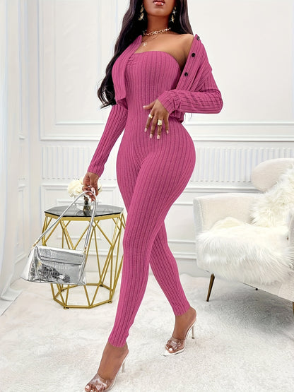 Two-Piece Ribbed Outfit Set - Long Sleeve Button Front Crop Cardigan & Skinny Strapless Jumpsuit - Soft, Stretchy, and Cozy Women's Clothing for Everyday Wear