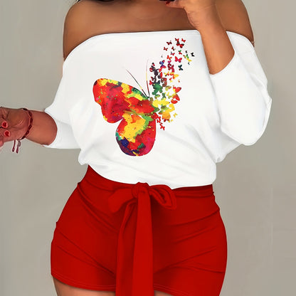 Women'S Off-Shoulder Rose Print Jumpsuit, Polyester Knit Fabric, 97% Polyester 3% Elastane, All-Season Short Romper with Tie Waist, Cartoon Pattern, 180g/m² - Adult Fashion