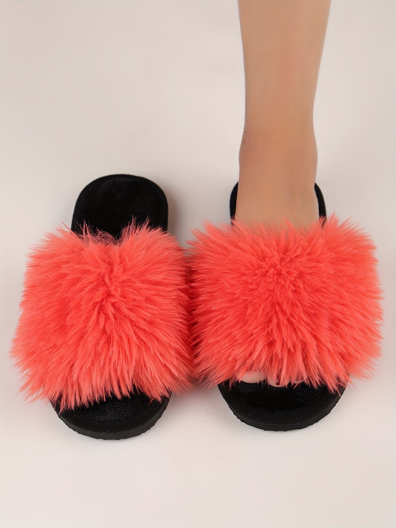 Elegant Women's Faux Fur Slippers - Winter Plush Open Toe Slip-On House Slippers with EVA Sole - Solid Color Fluffy Indoor Cotton Slides - Cixi Production Area