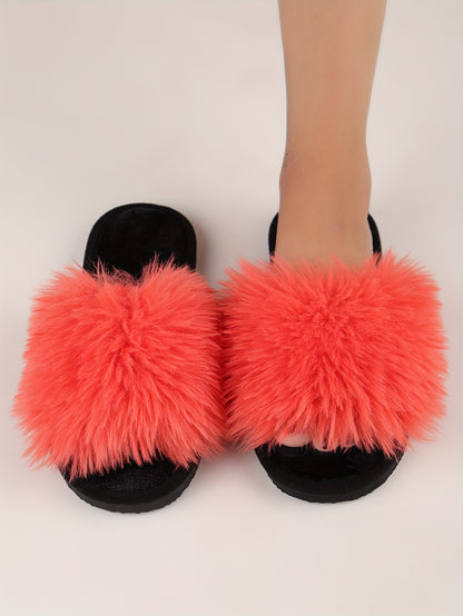 Elegant Women's Faux Fur Slippers - Winter Plush Open Toe Slip-On House Slippers with EVA Sole - Solid Color Fluffy Indoor Cotton Slides - Cixi Production Area