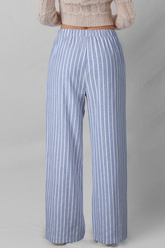 Sky Blue Stripe Buttoned Detail Loose Casual Pants