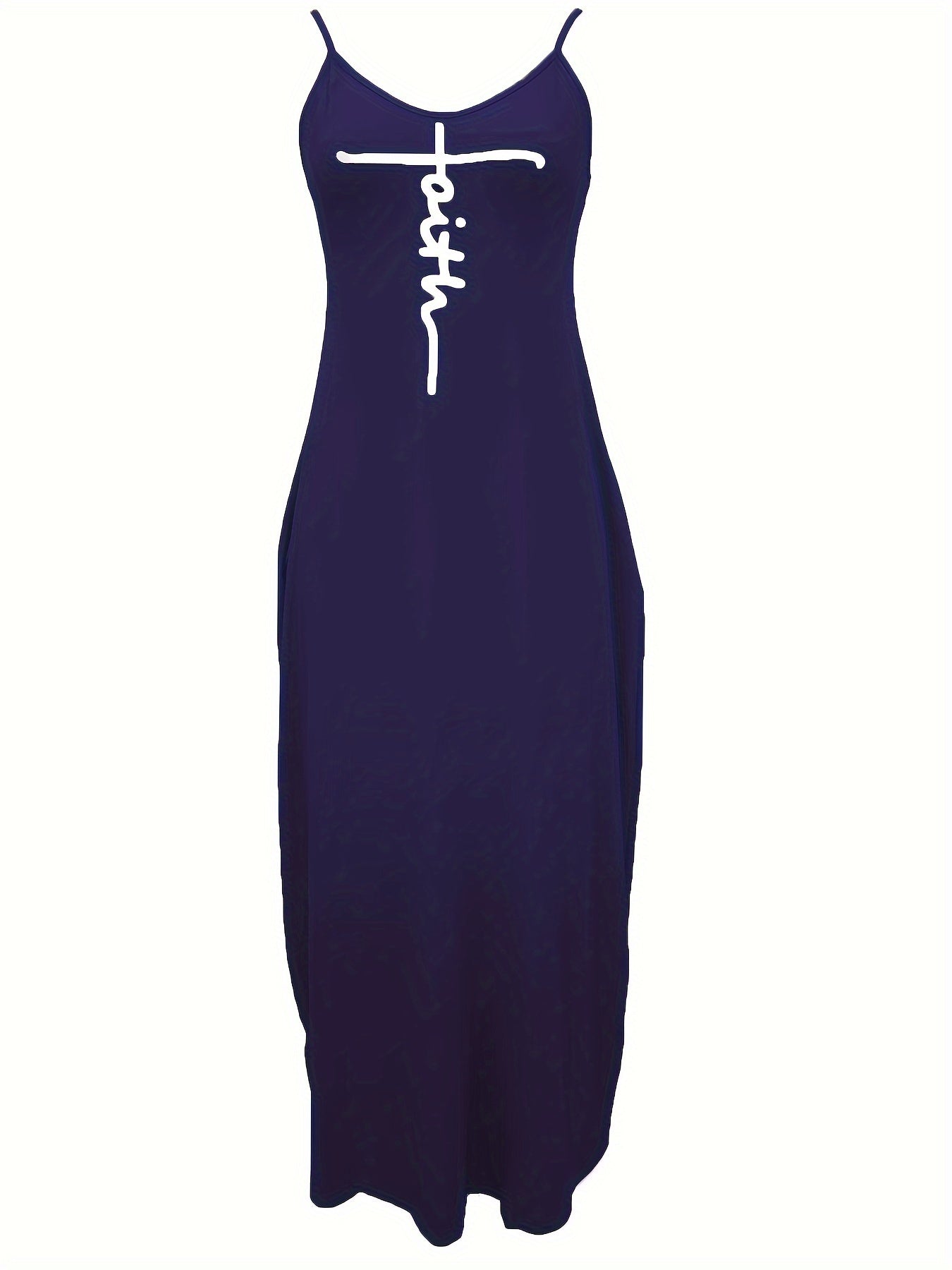Faith Print Backless Dress, Casual Spaghetti Strap V Neck Loose Dress, Women's Clothing