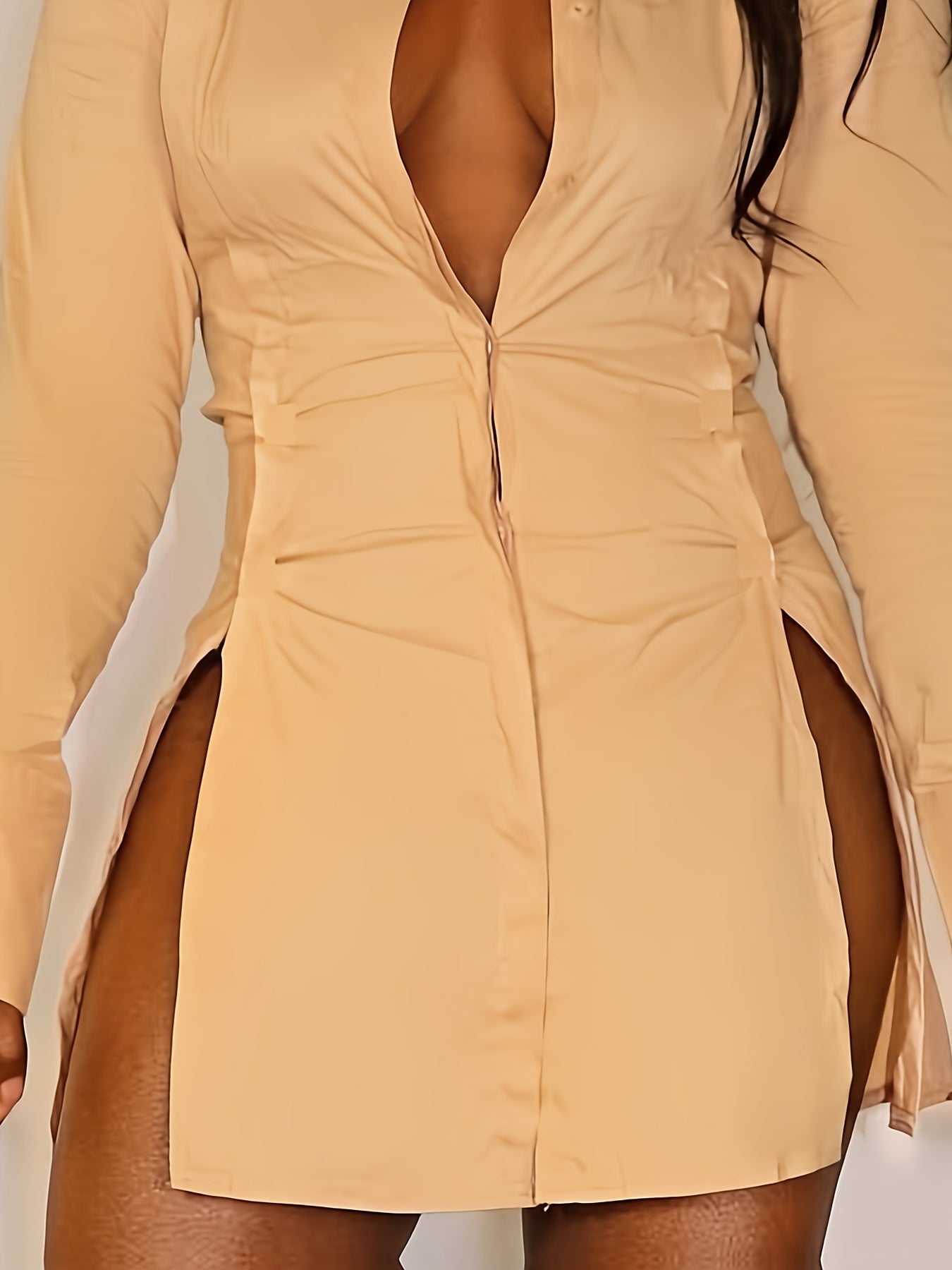 Women's Slim-Fit White Long Sleeve Shirt with Notch Lapel & Side Slit - Solid Color Button-Up Blouse, Machine Washable, Versatile for Casual & Formal Wear, Ladies Blouses