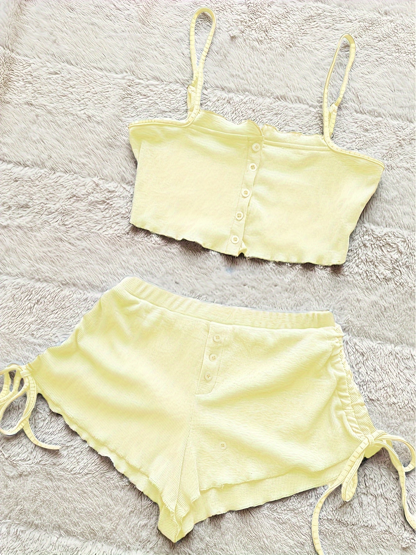 Simple Solid Print Lounge Set, Buttons Cami Top & Drawstring Shorts, Women's Loungewear & Sleepwear Koningsdag/King's Day