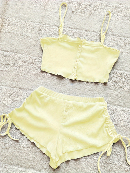 Simple Solid Print Lounge Set, Buttons Cami Top & Drawstring Shorts, Women's Loungewear & Sleepwear Koningsdag/King's Day