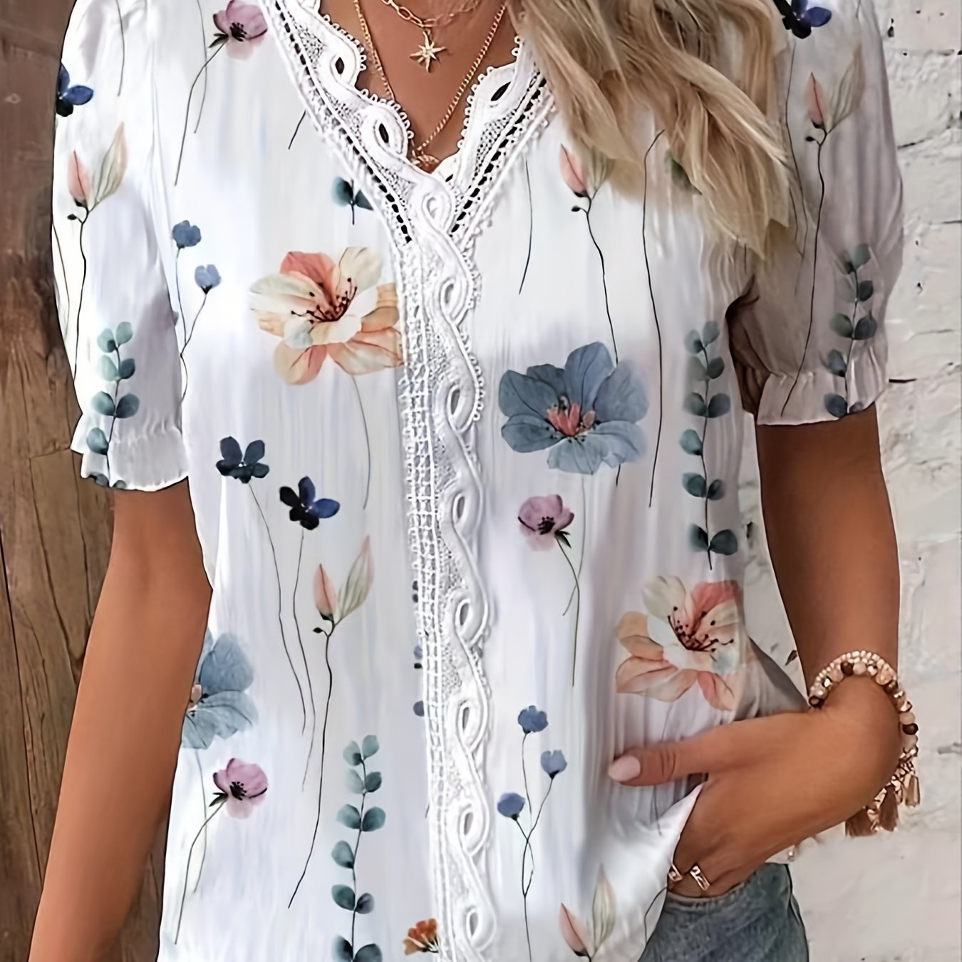 Floral Print V Neck Lace Trim Blouse, Boho Puff Sleeve Blouse For Summer, Women's Clothing