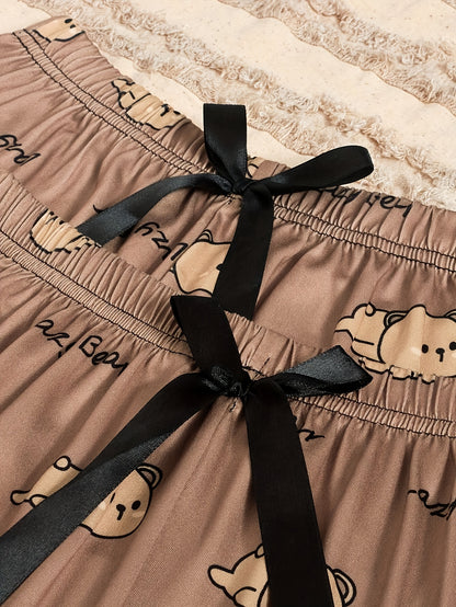 Adorable Bear & Letter Print Pajama Set - Soft, Relaxed Fit, Round Neck, Backless Crop Cami Top, Shorts & Pants, Comfortable Sleepwear for Women - Cute, Cozy, and Stylish Nightwear