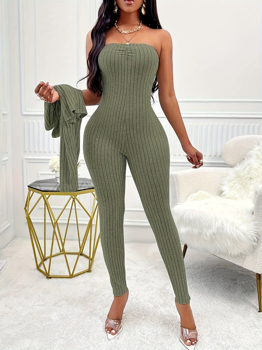 Two-Piece Ribbed Outfit Set - Long Sleeve Button Front Crop Cardigan & Skinny Strapless Jumpsuit - Soft, Stretchy, and Cozy Women's Clothing for Everyday Wear