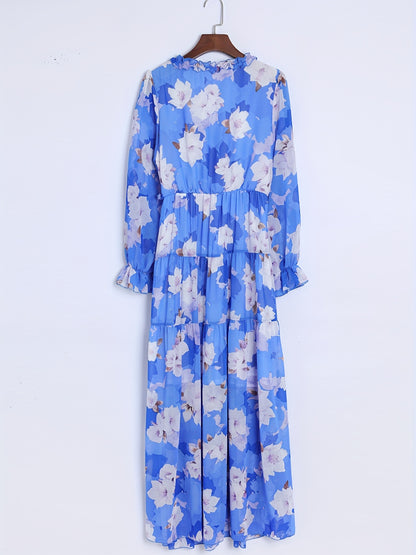 Lightweight Chiffon Floral Maxi Dress for Women - V-Neck, Long Sleeve, Layered Ruffle Hem, Bell-Bottom Maxi with Adjustable Waist Cincher, Perfect for Spring/Summer/Fall Vacations, Vacation Dress | Flowing Maxi Dress | Flowin