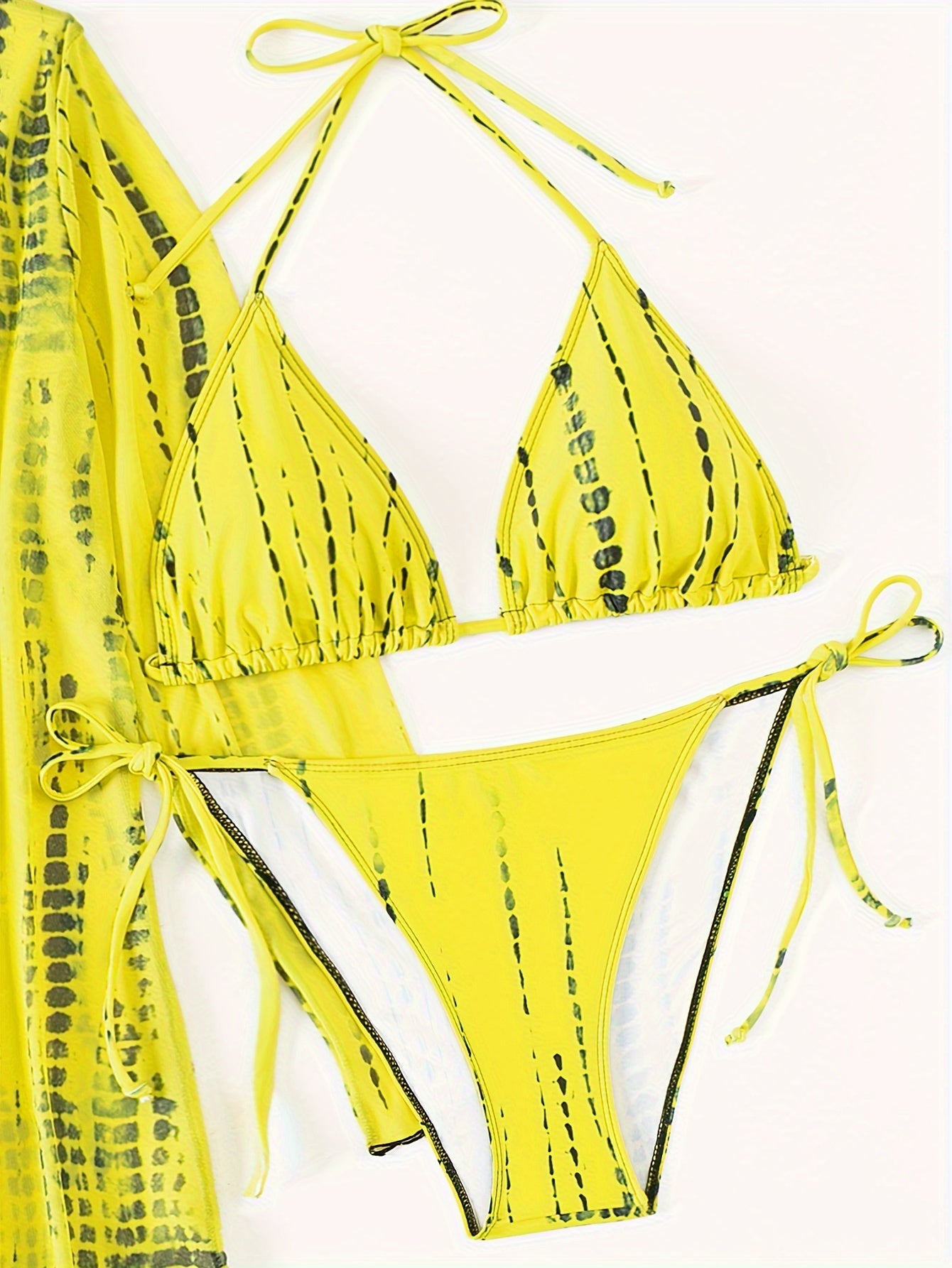 Trendy Tie Dye Striped Bikini Three Pieces Set, Solid Bra & Panty & Cover Up for Beach Wear, Women's Swimwear