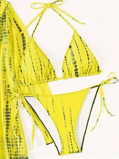 Trendy Tie Dye Striped Bikini Three Pieces Set, Solid Bra & Panty & Cover Up for Beach Wear, Women's Swimwear