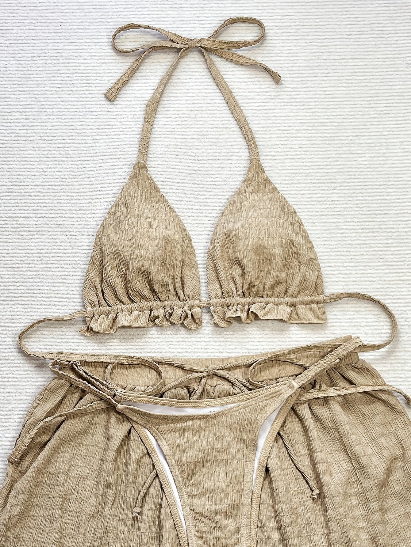 [Elegant | Beige] 3pcs Beige Elegant Bikini Set | High-Waisted Bottoms & Ruffled Halter Top | Includes Sheer Cover-Up Shorts - Women's Swimwear with Floral Embroidery