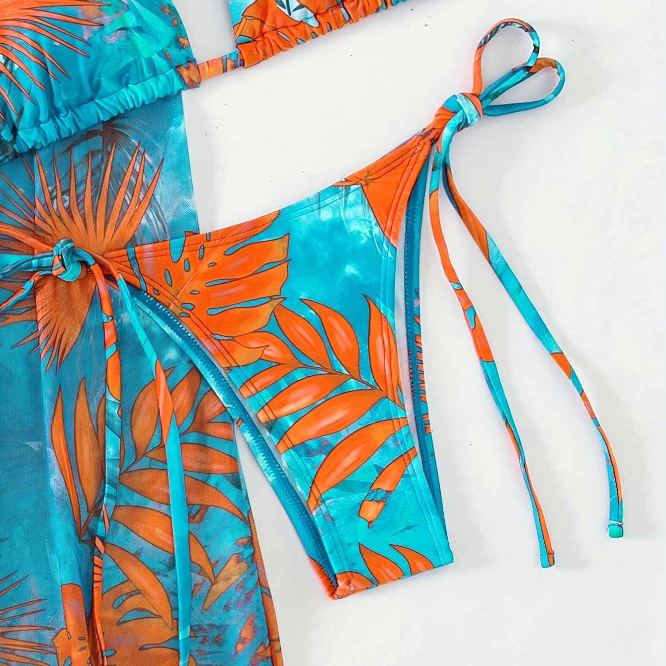3 Piece Leaf Print Ruffled Tie Back Triangle Bikini Set - Stylish Women's Swimwear with Cover Up, Comfortable and Flattering Design - Perfect for Beach and Pool Time