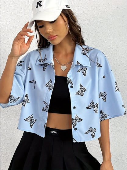 Elegant Spring-to-Fall Butterfly Print Blouse: Chic Contrast Collar, Durable & Easy-Care Top for Women