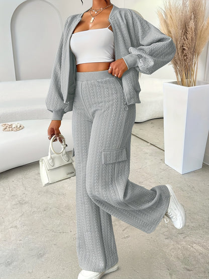 Women'S Casual Chic Two-Piece Set, Solid Color Long Sleeve Zippered Jacket and Straight-Leg Pants, Polyester 95% Elastane 5% Knit Fabric, Crew Neck, Fall/Winter Collection