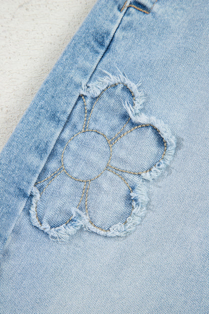 Beau Blue Flower Patched Light Wash Cropped High Waist Jeans