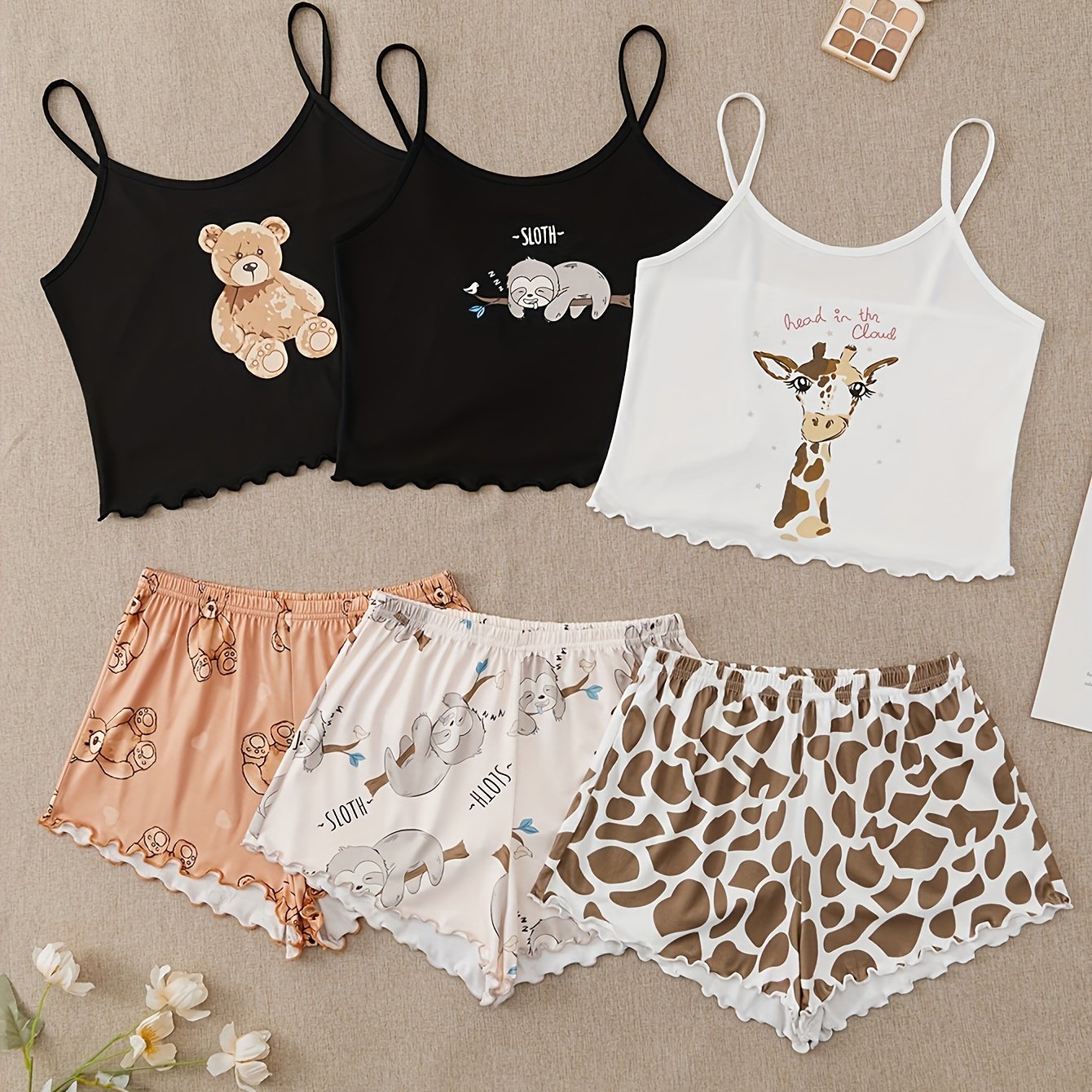 3 Sets Cartoon Print Pajama Set - Ultra-Relaxed Fit, Vibrant Print, Crew Neck Cami Top, Elastic Shorts - Womens Sleepwear & Loungewear with Lettuce Trim for Ultimate Comfort