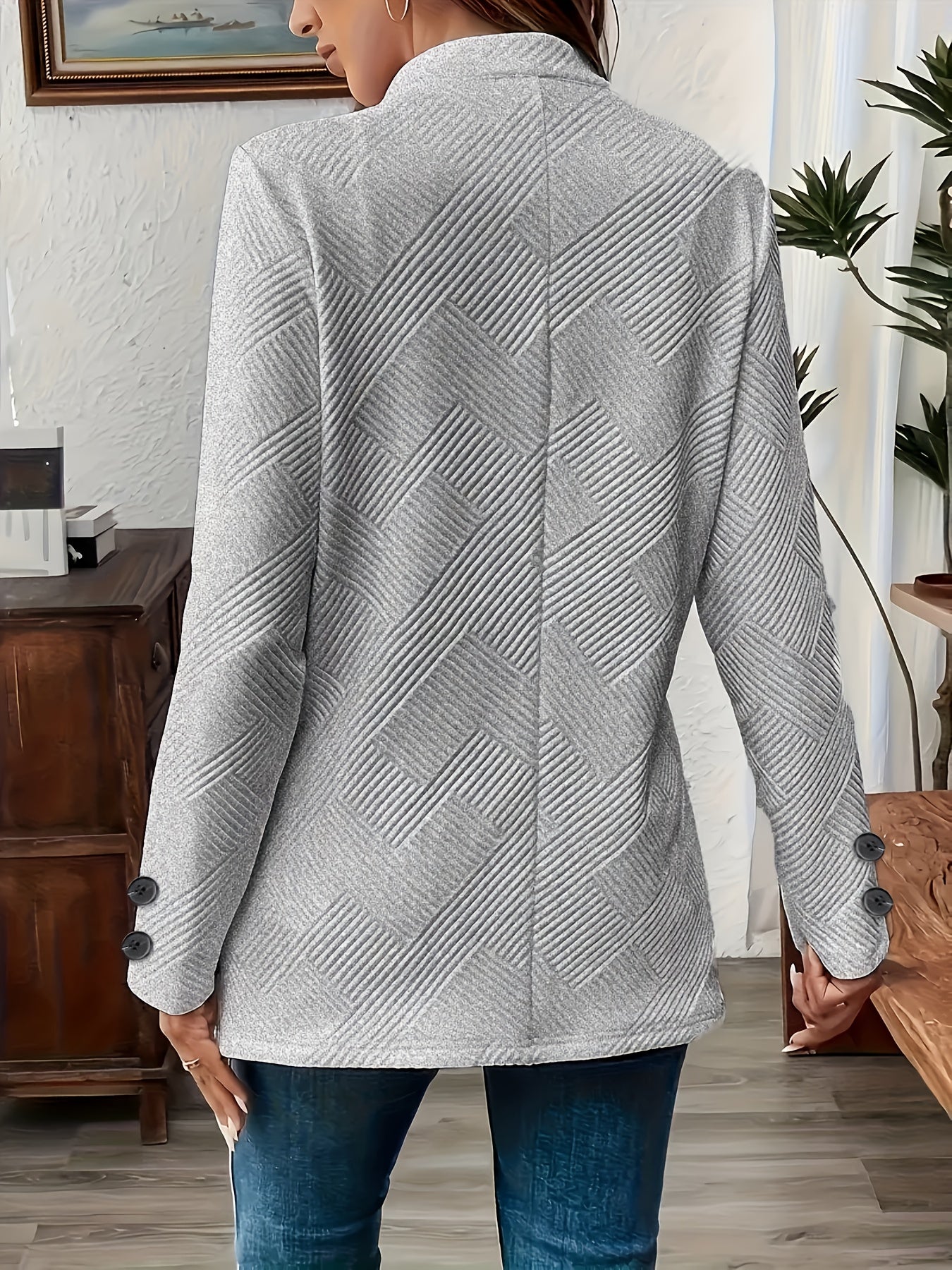 Women's Casual Solid Color Double-Breasted Long Sleeve Jacket with Pockets, Polyester Knit Fabric, Open Front Collar - All Seasons, Allseason Jacket | Doublebreasted Jacket | Stylish Jacket