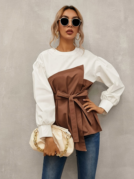 Chic Color Block Long Sleeve Blouse for Women - Polyester, Machine Washable, Non-Sheer - Perfect for Spring & Fall